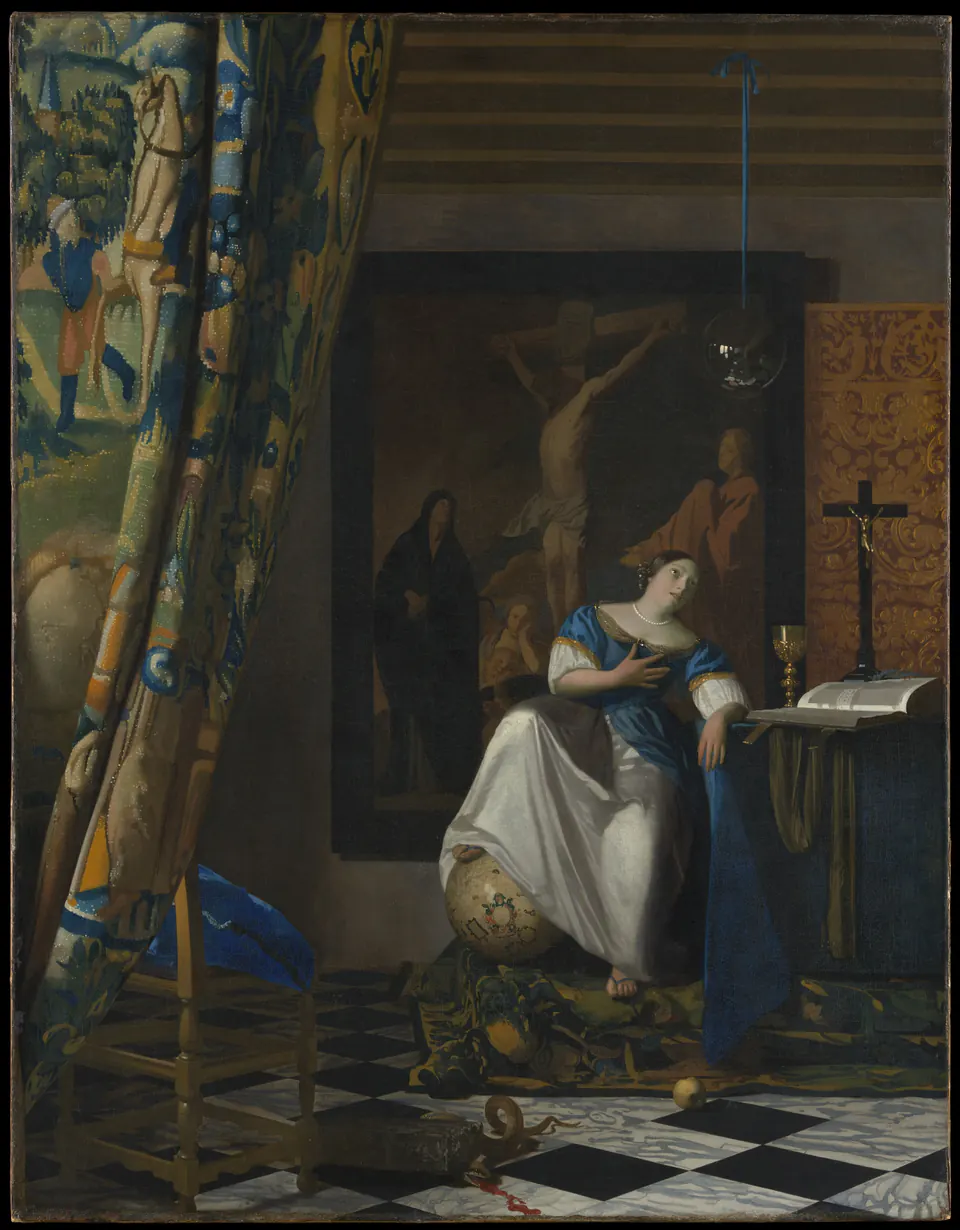 Allegory of the Catholic Faith by Johannes Vermeer, showing a seated woman among symbolic objects