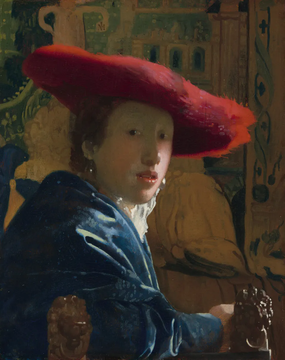Girl with the Red Hat by Johannes Vermeer, a small portrait study with a vivid red hat and blue garment