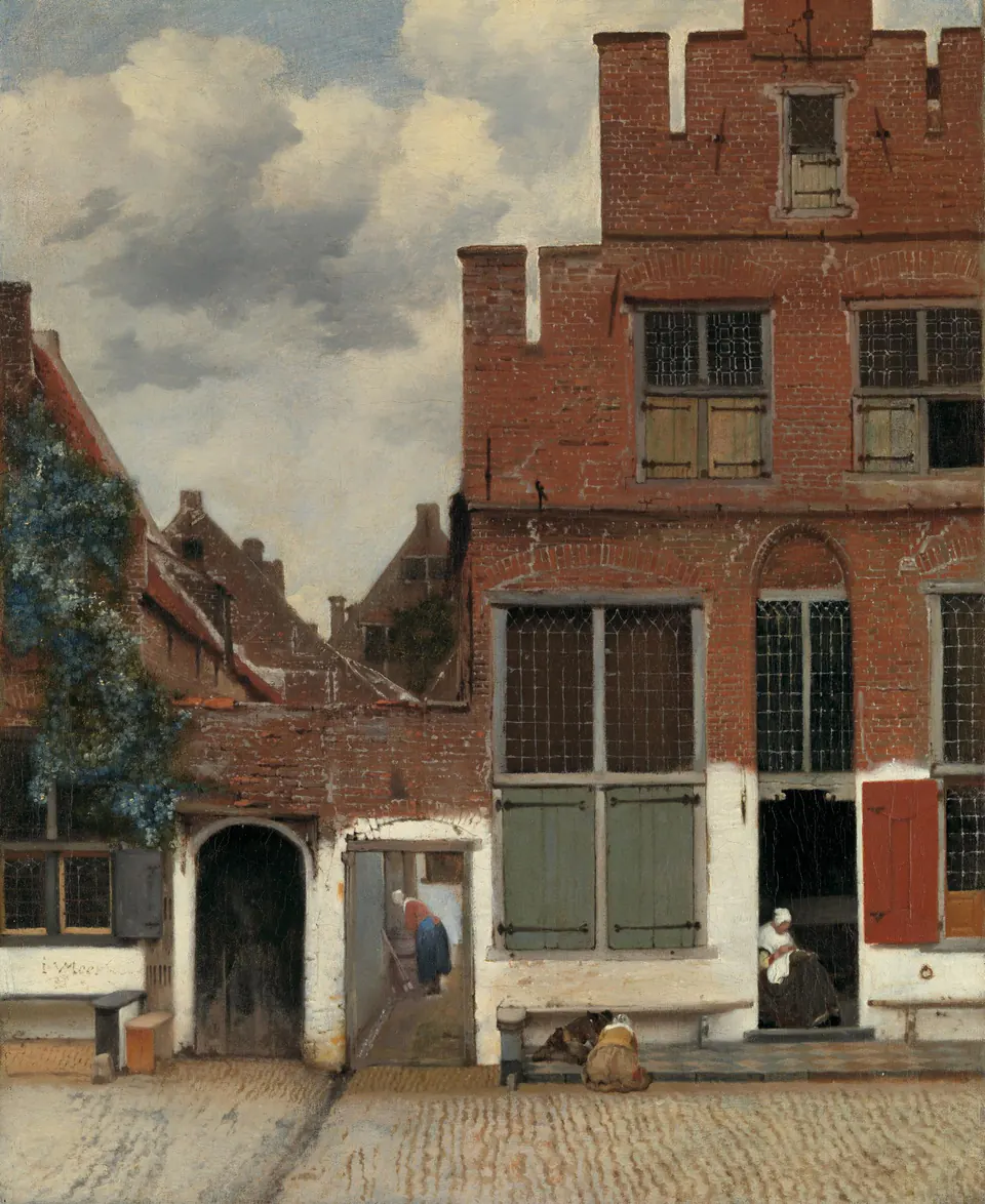 The Little Street by Johannes Vermeer, showing brick house fronts, doorways and figures in a quiet Delft lane