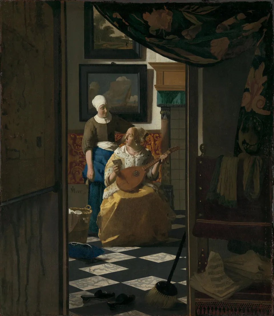 The Love Letter by Johannes Vermeer, with a seated musician receiving a letter from a standing maid