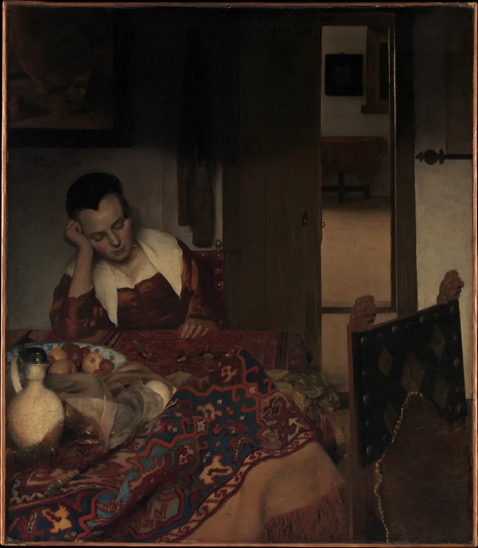 A Maid Asleep by Johannes Vermeer, with a seated woman resting her head on one hand at a table