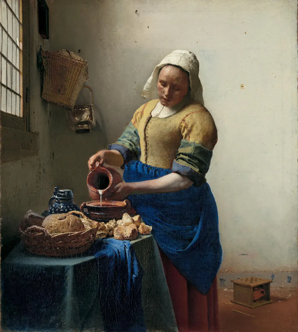 The Milkmaid by Johannes Vermeer, showing a domestic worker pouring milk beside a sunlit window