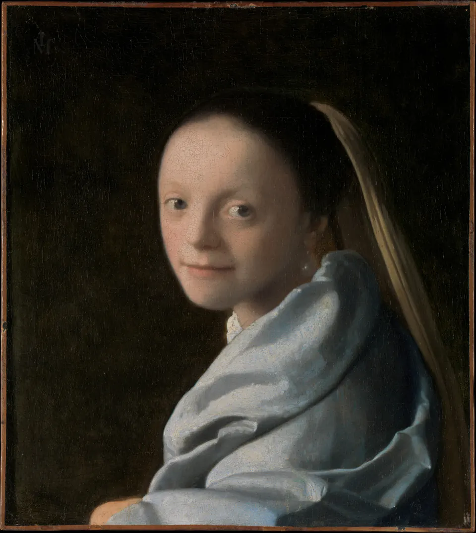 Study of a Young Woman by Johannes Vermeer, a softly lit head-and-shoulders figure turning toward the viewer
