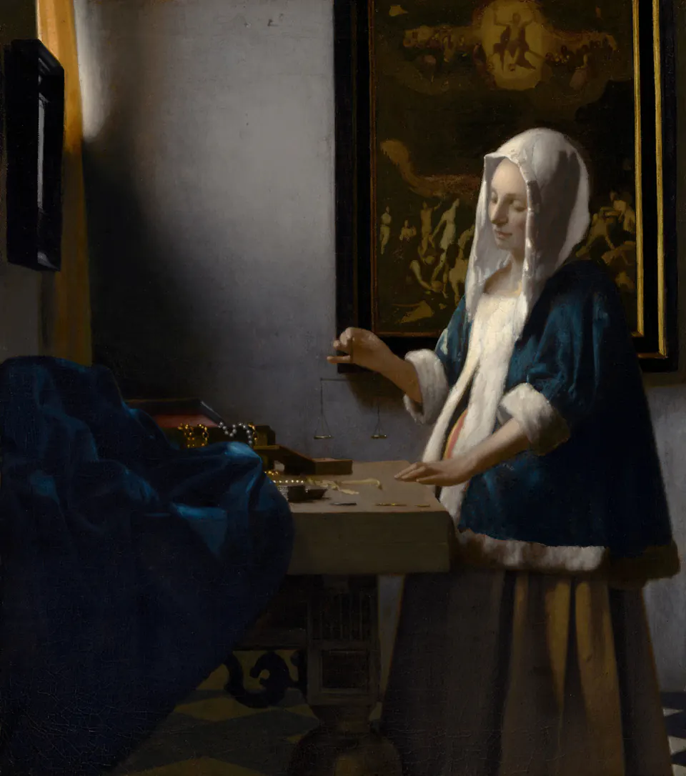 Woman Holding a Balance by Johannes Vermeer, with a standing figure before a table and a Last Judgment painting