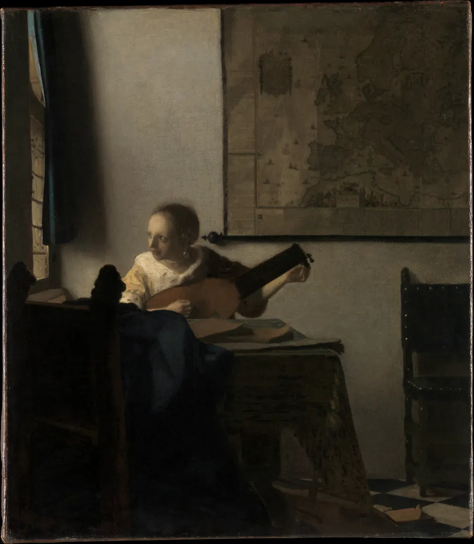 Young Woman with a Lute by Johannes Vermeer, seated beside a window with the instrument in her hands