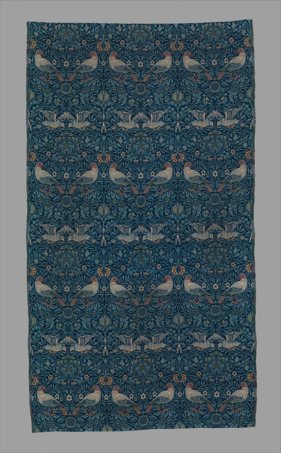 Bird woven textile with paired birds, flowers, and leaves designed by William Morris