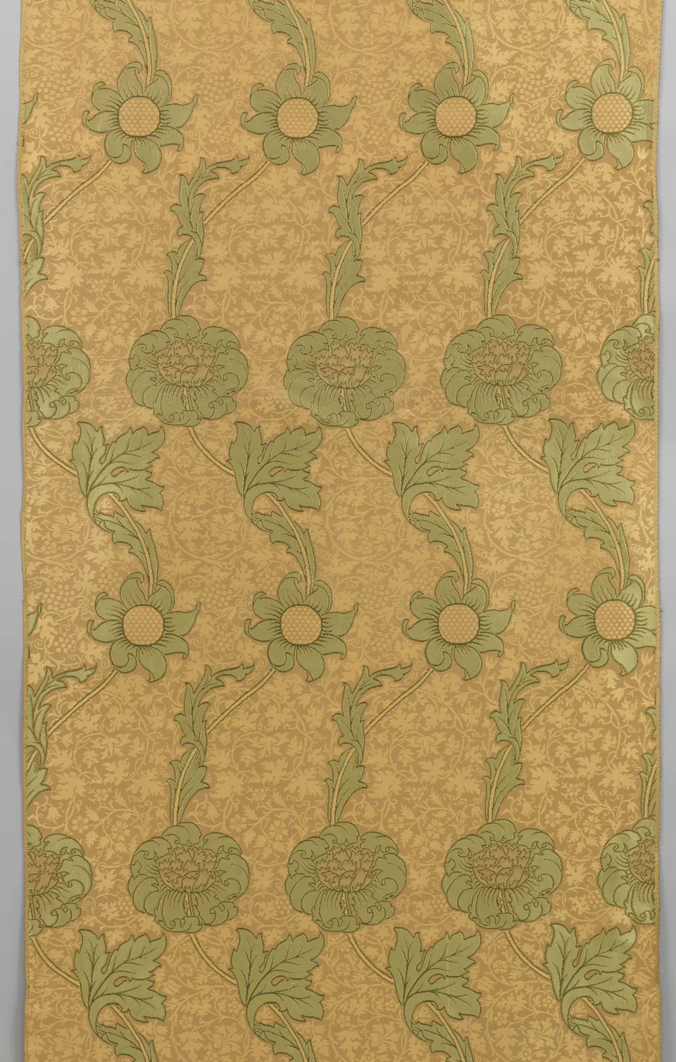 Kennet silk textile with small repeated flowers and curving stems by William Morris
