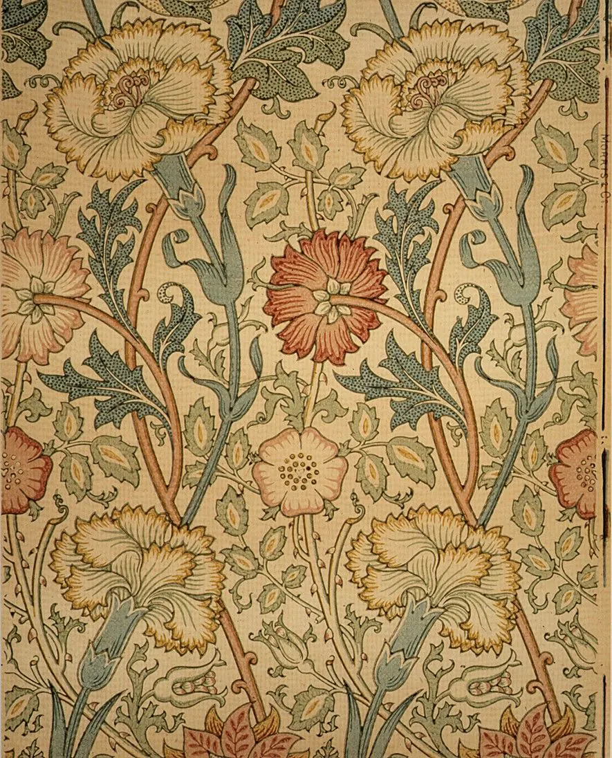 Pink and Rose wallpaper with pale flowers and articulated scrolling foliage by William Morris