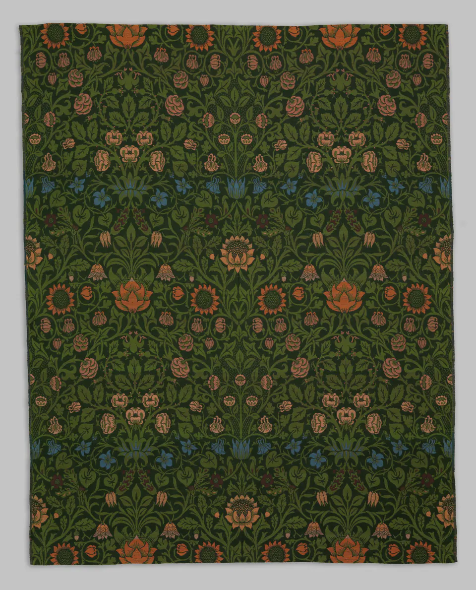 Violet and Columbine furnishing textile with clustered flowers and foliage by William Morris