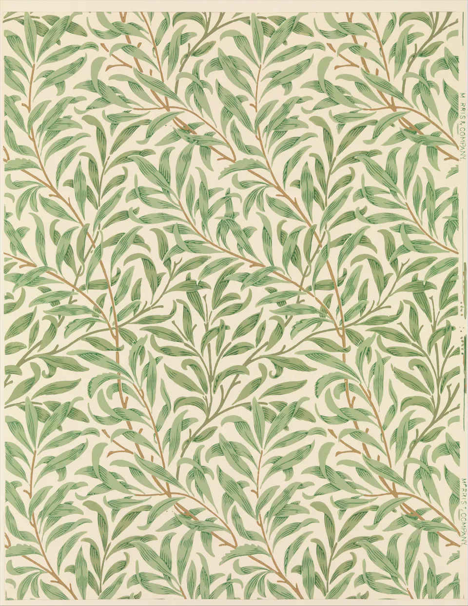 Willow Bough wallpaper with overlapping curving branches and narrow leaves by William Morris
