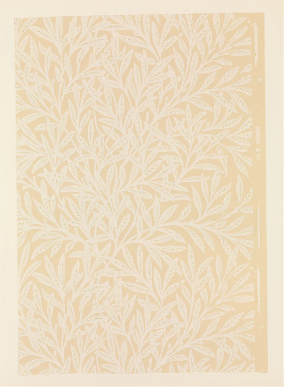 Willow wallpaper covered with diagonally layered willow leaves by William Morris