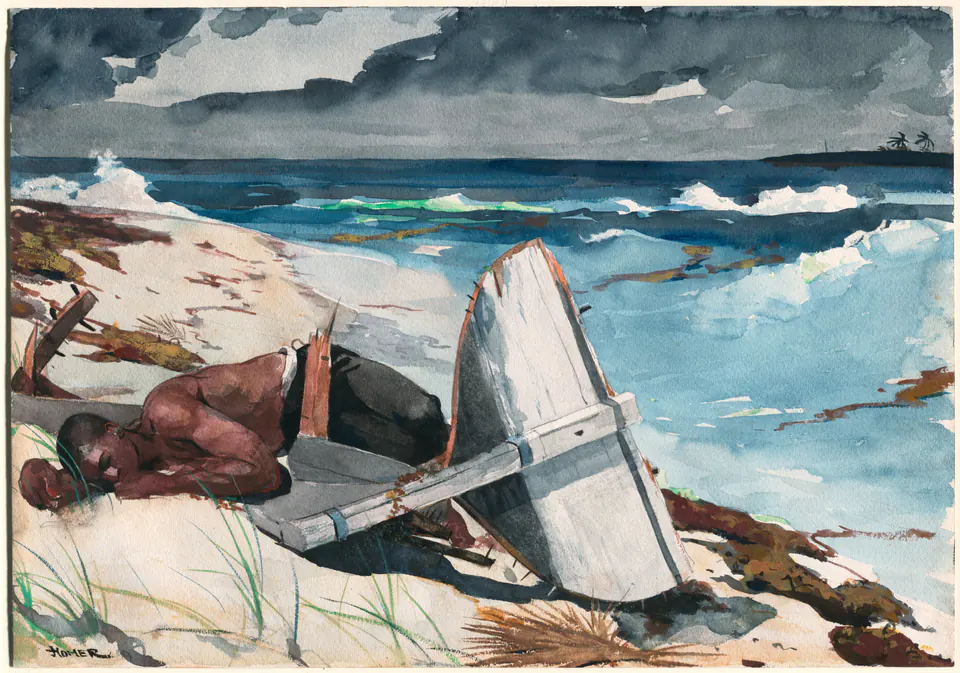 A man lying beside a damaged boat and scattered coconuts after a tropical hurricane