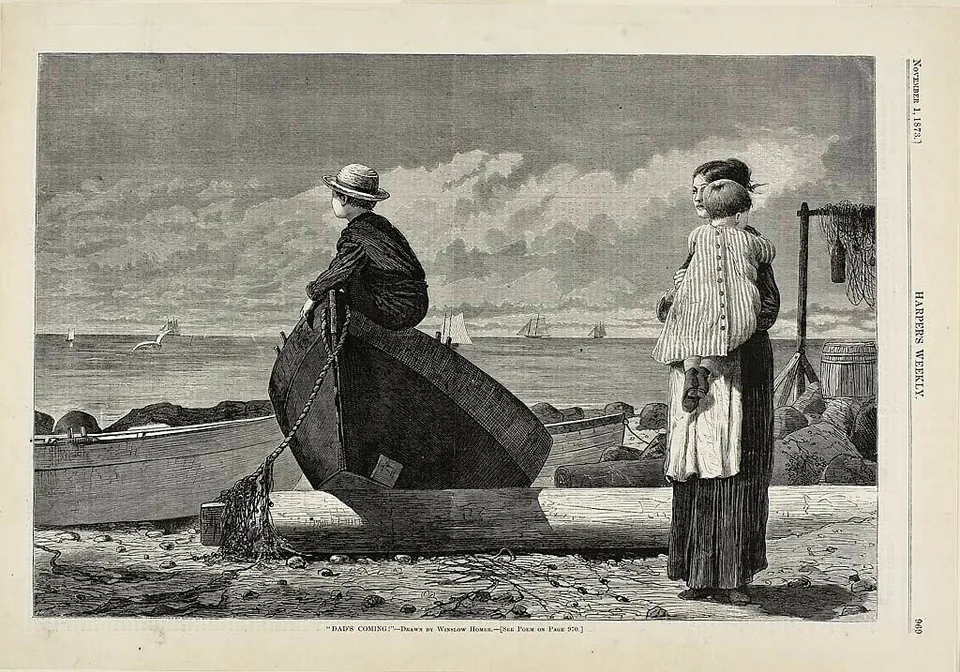Children and women looking out to sea in the wood engraving Dad’s Coming