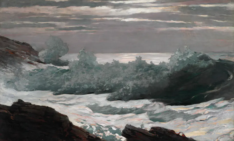 Atlantic surf breaking against the empty rocky coast of Prouts Neck after a storm