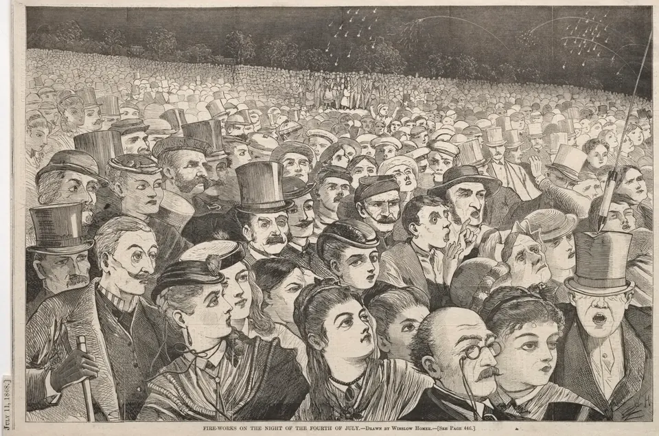 A crowd reacting as a Fourth of July firework strikes a gentleman’s top hat