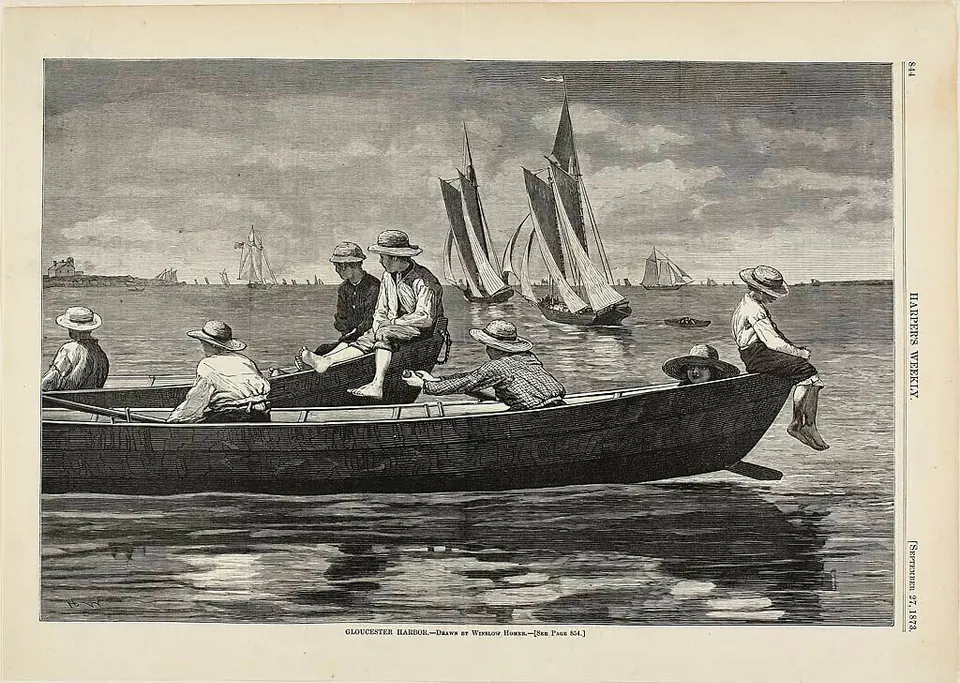 Boats, children, and workers around Gloucester Harbor in a published wood engraving