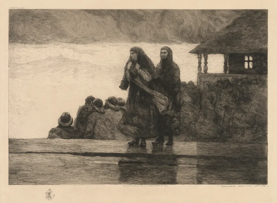Fishermen in wet clothing gathered at a doorway in the etching Perils of the Sea