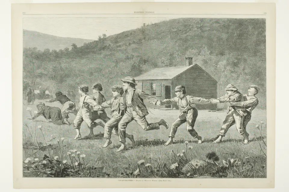 A line of boys running hand in hand across a field in the wood engraving Snap-the-Whip