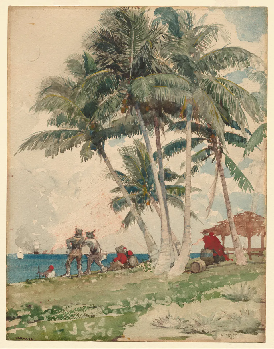 Two children in broad hats playing beside dense green foliage in The Buccaneers