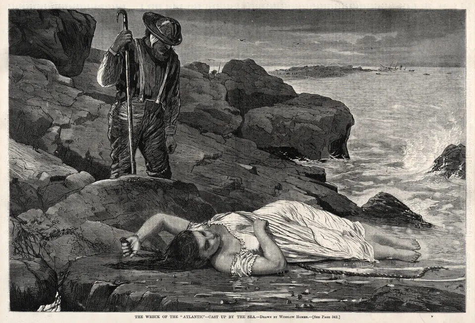 Figures recovering victims on a shore after the wreck of the Atlantic