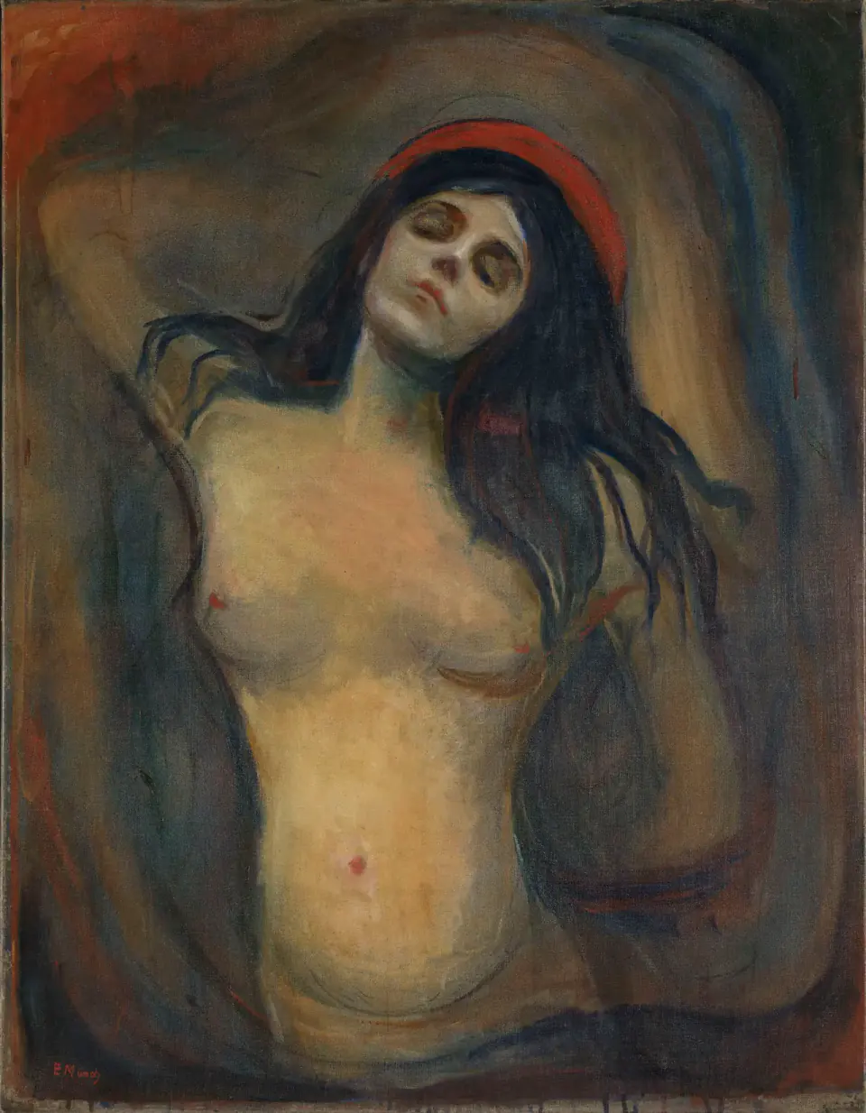 Munch’s Madonna painting shows a woman with closed eyes and a red halo, her pale torso enclosed by dark flowing lines