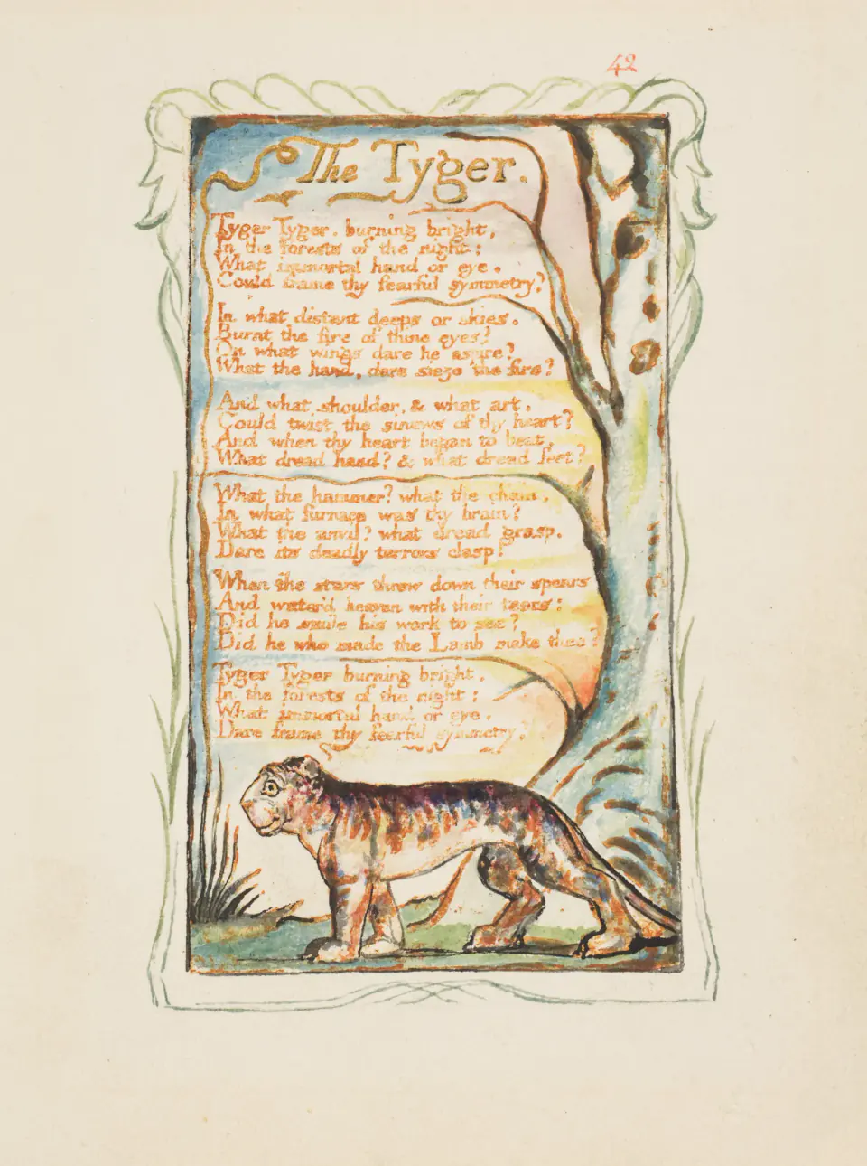 William Blake’s illuminated page for The Tyger with orange-brown lettering, coloured foliage, and a tiger below the poem