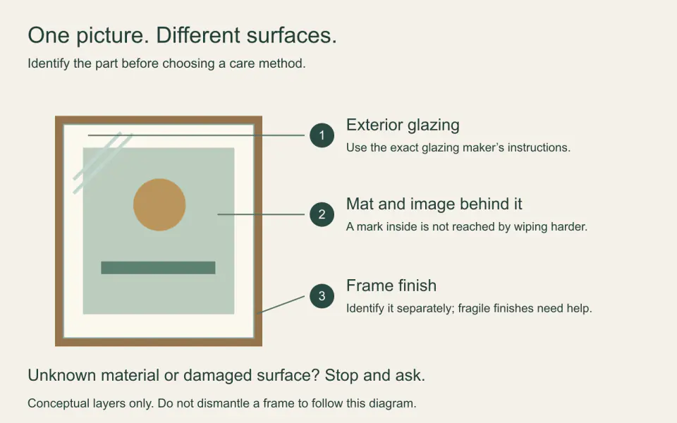 A schematic frame separates glazing, mat and print, and frame finish, with a different care decision for each rather than one cleaner for everything.
