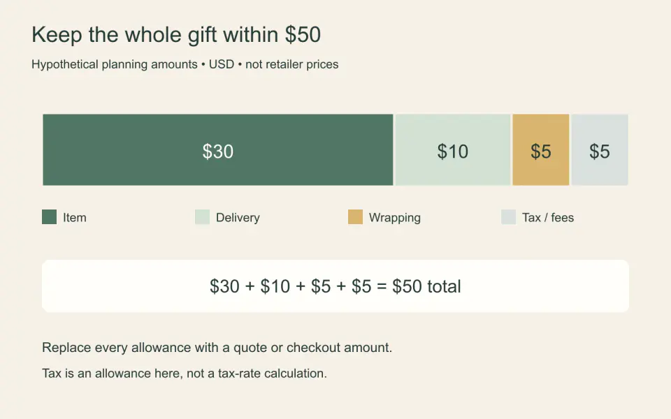 A 50-dollar gift budget is divided into 30 for the item, 10 for delivery, 5 for wrapping and a 5-dollar tax allowance.