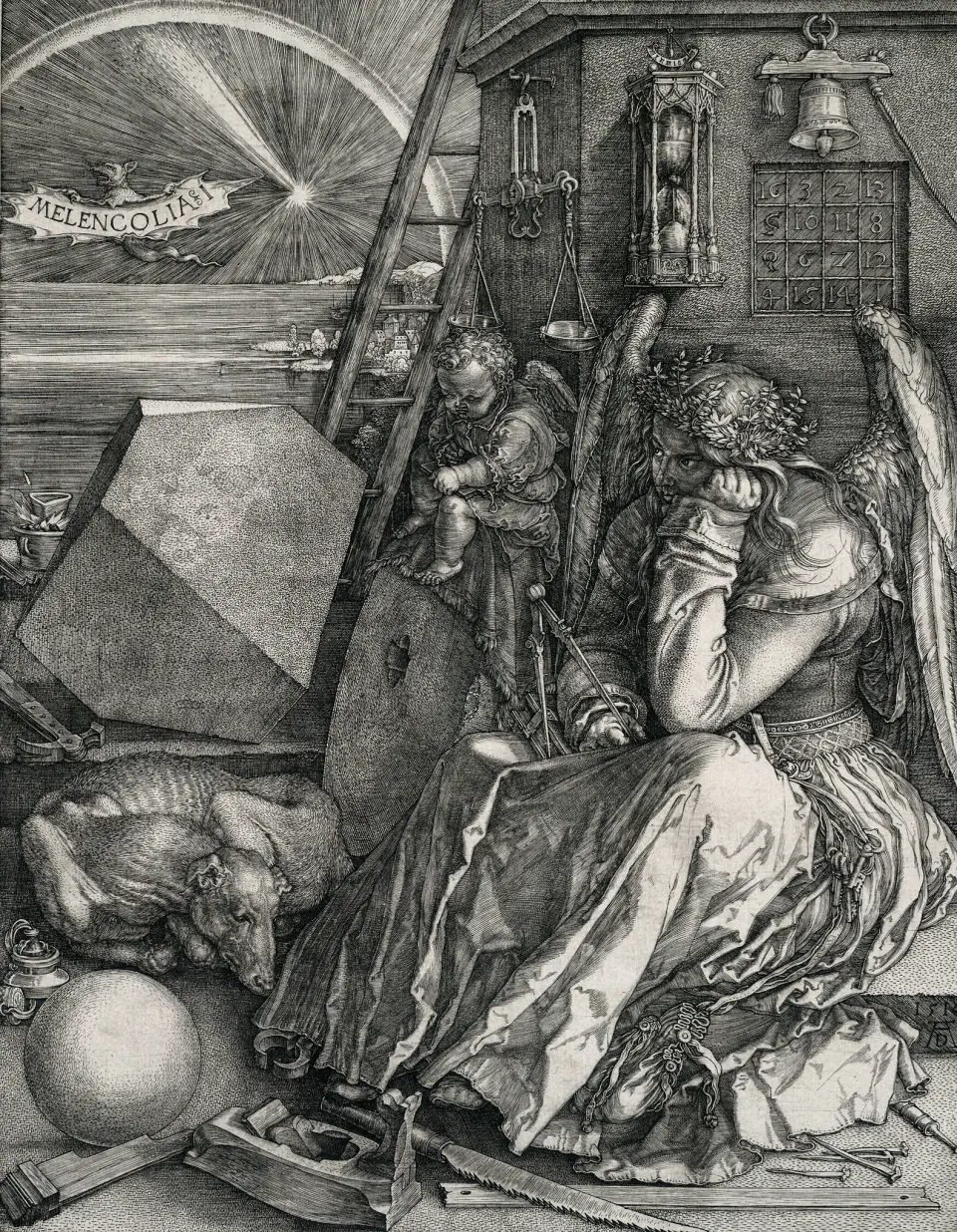 Dürer's winged figure of Melencolia seated among tools, a polyhedron, hourglass, bell, and magic square
