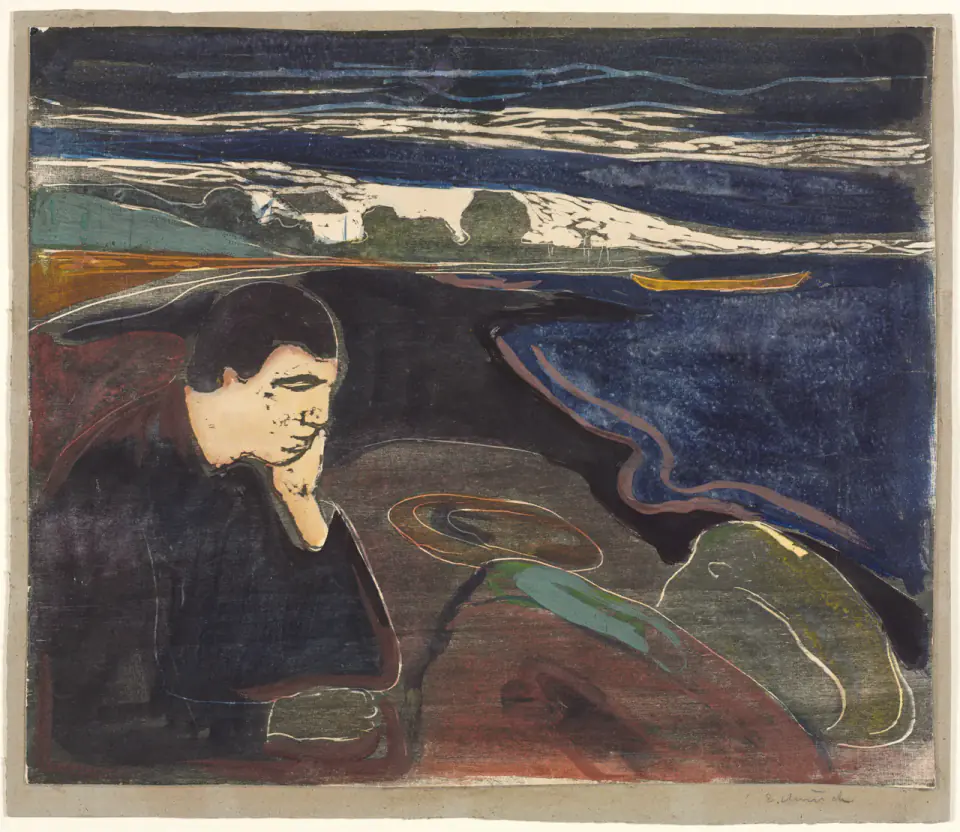 A solitary figure sits by the shore in Munch’s Evening, Melancholy I