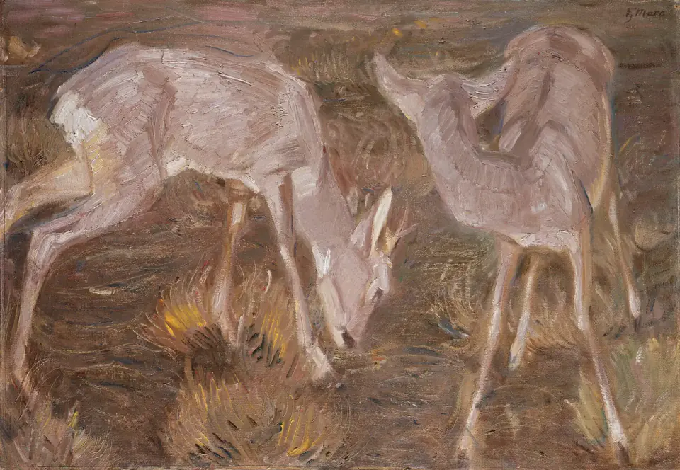 Two deer bend their pale bodies among mauve, brown and yellow patches in Franz Marc’s Deer at Dusk