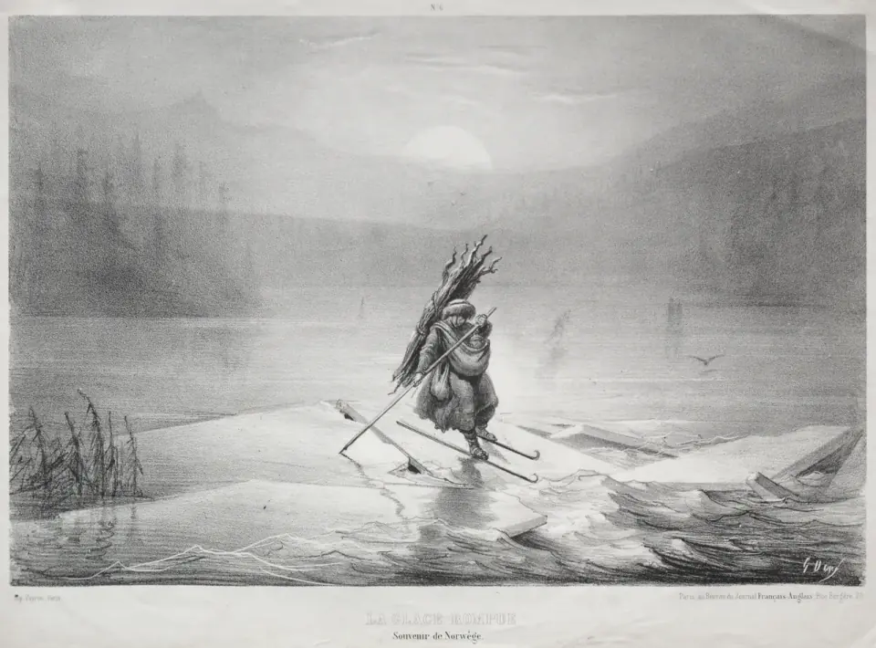 Two travellers cross a broken sheet of ice beneath a pale sun in Gustave Doré’s Souvenir of Norway