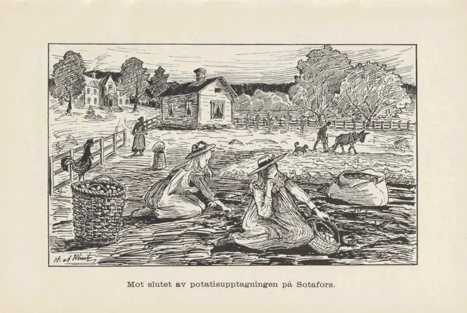 Hilma af Klint’s line illustration of two seated girls, potato baskets, a chicken and people working beside farm buildings.
