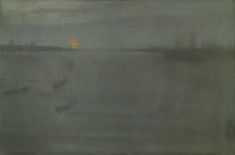 A dim orange moon and scattered harbour lights emerge through blue-grey twilight in Whistler’s Nocturne: Blue and Gold—Southampton Water