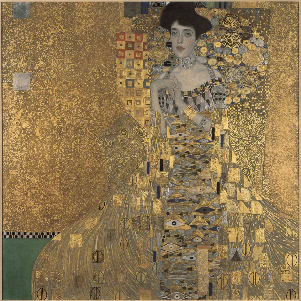 Gustav Klimt's square gold portrait of Adele Bloch-Bauer surrounded by eyes, spirals and geometric ornament