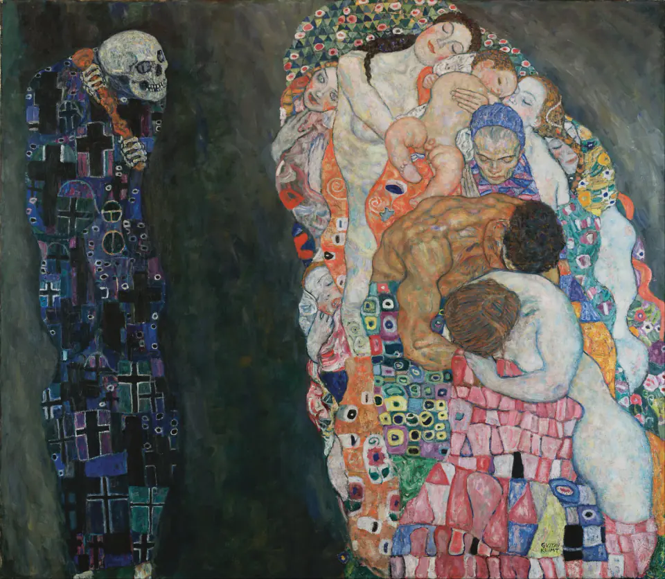 Gustav Klimt's Death and Life with a dark skull figure facing a bright cluster of sleeping bodies