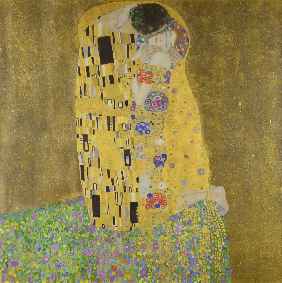 Gustav Klimt's The Kiss, a square gold painting of two figures embracing on a flowered edge