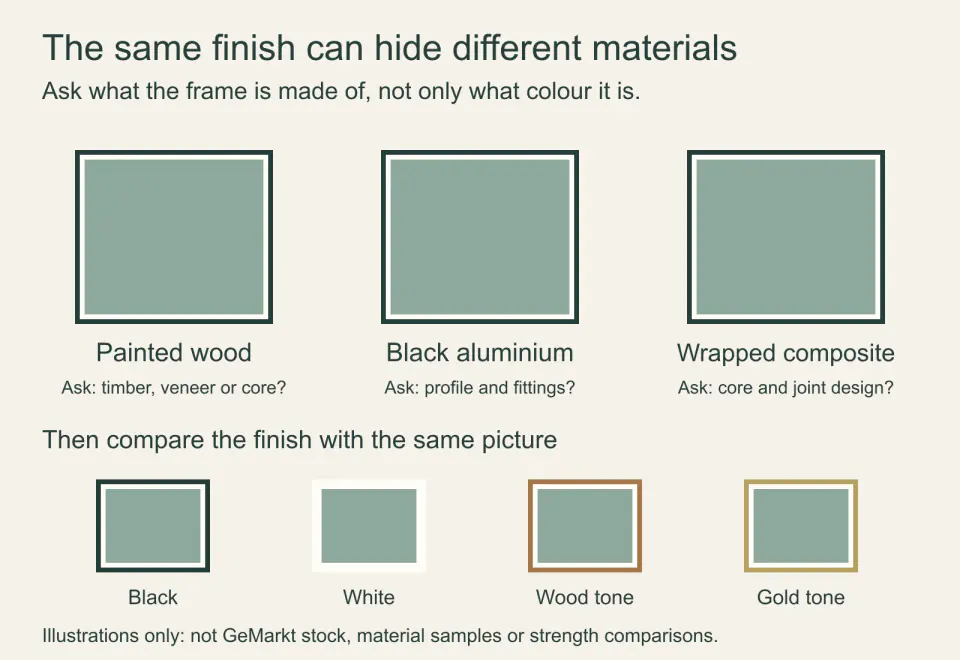 Three identical black frame illustrations labelled wood, aluminium and composite, with black, white, wood-tone and gold-tone finish comparisons below.