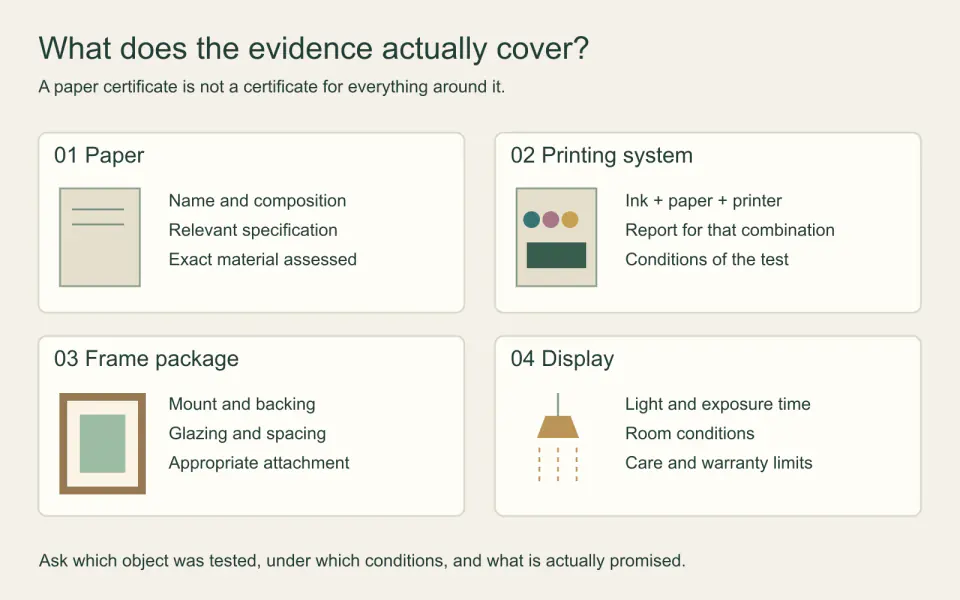 Four things to verify separately: the paper, ink and printer combination, framing materials, and display conditions.