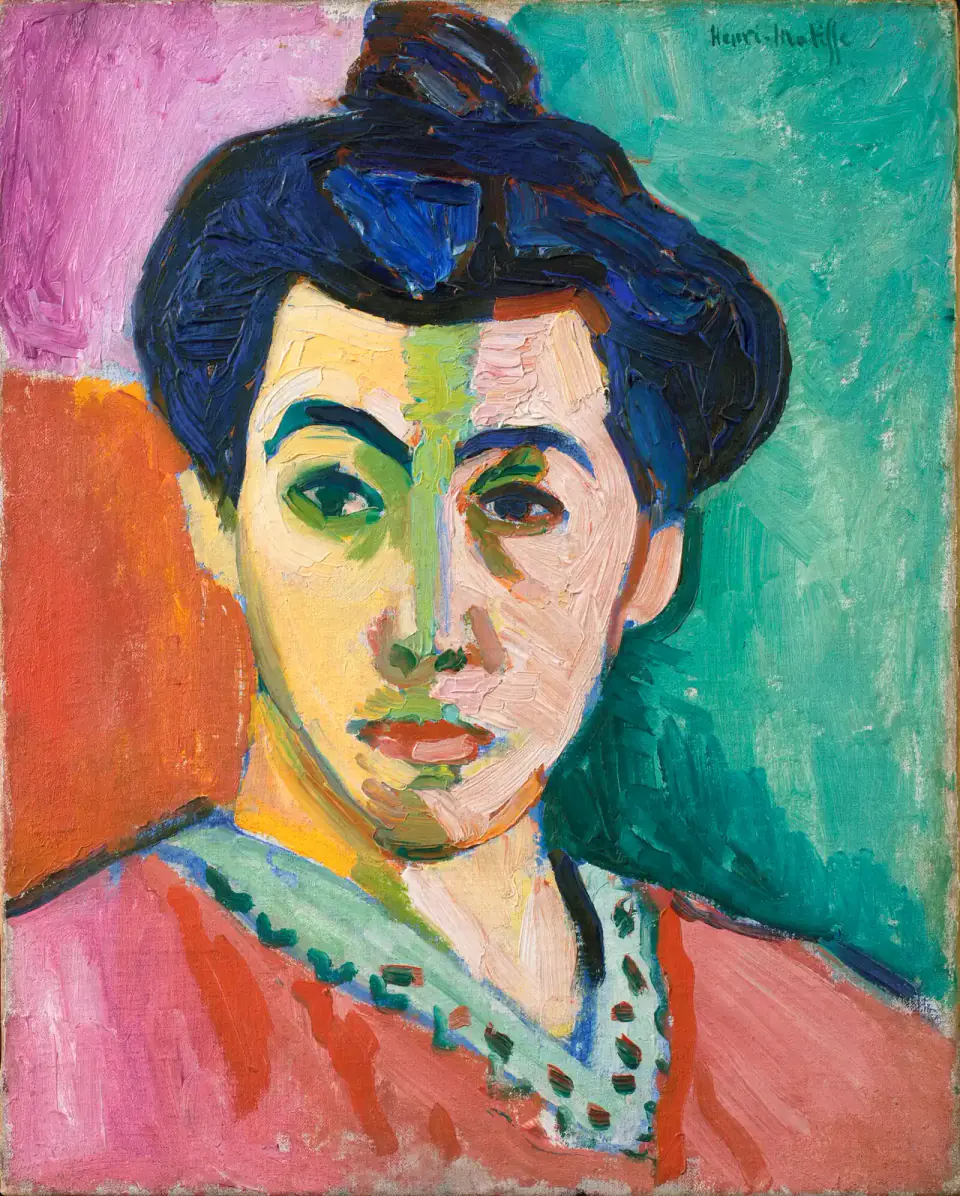 Amélie Matisse faces forward, a green stripe dividing her yellow and pink face beneath dark blue hair against pink, orange and green.
