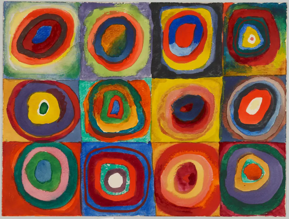Twelve hand-painted groups of coloured concentric rings arranged in three rows on Kandinsky’s paper study
