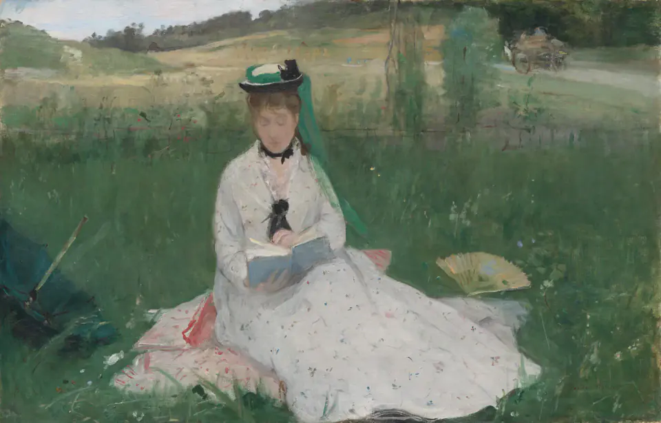 Reading by Berthe Morisot, showing a woman in a white dress reading while seated in a meadow