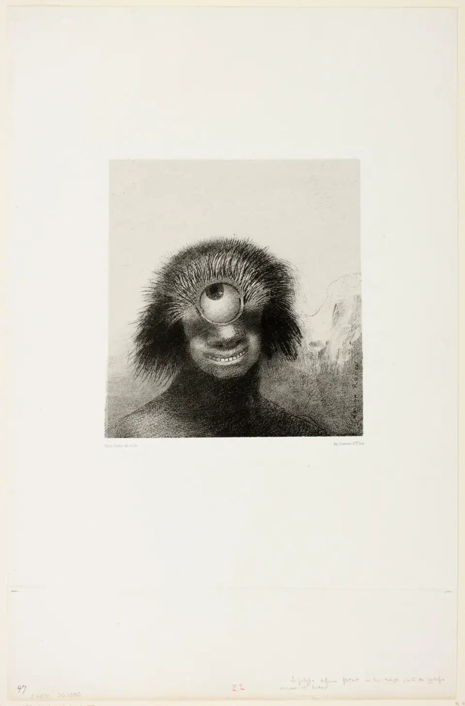 A smiling one-eyed cyclops with radiating hair in Odilon Redon’s lithograph The Misshapen Polyp Floated on the Shores