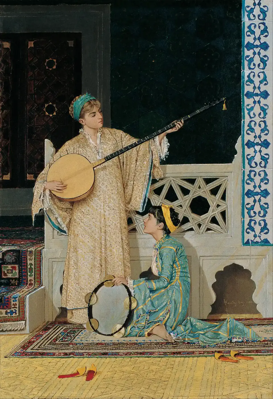 Two women play a long-necked lute and tambourine beside patterned tiles, a carved stone screen and richly coloured rugs.