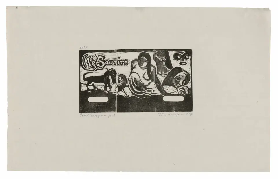 Three figures, a mask, a fox, and a bird in a stark Gauguin woodcut