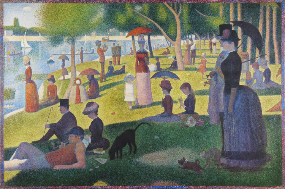 Georges Seurat'nın büyük park sahnesinde Parisliler Sen kıyısında dinleniyor; figürler boyalı sınır içindeki küçük karşıt renk dokunuşlarıyla kuruluyor.
