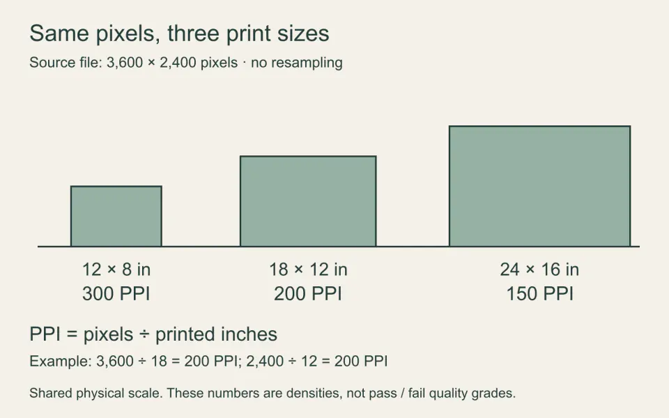 One 3600 by 2400 pixel file at three proportional print sizes: 12 by 8 inches, 18 by 12 inches, and 24 by 16 inches.