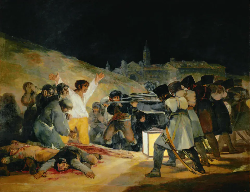 Goya'nın 3 Mayıs 1808'i konu alan resminde gece vakti beyaz gömlekli bir adam Fransız idam mangasının önünde kollarını kaldırırken infaz edilmiş bedenler yanında yatıyor.