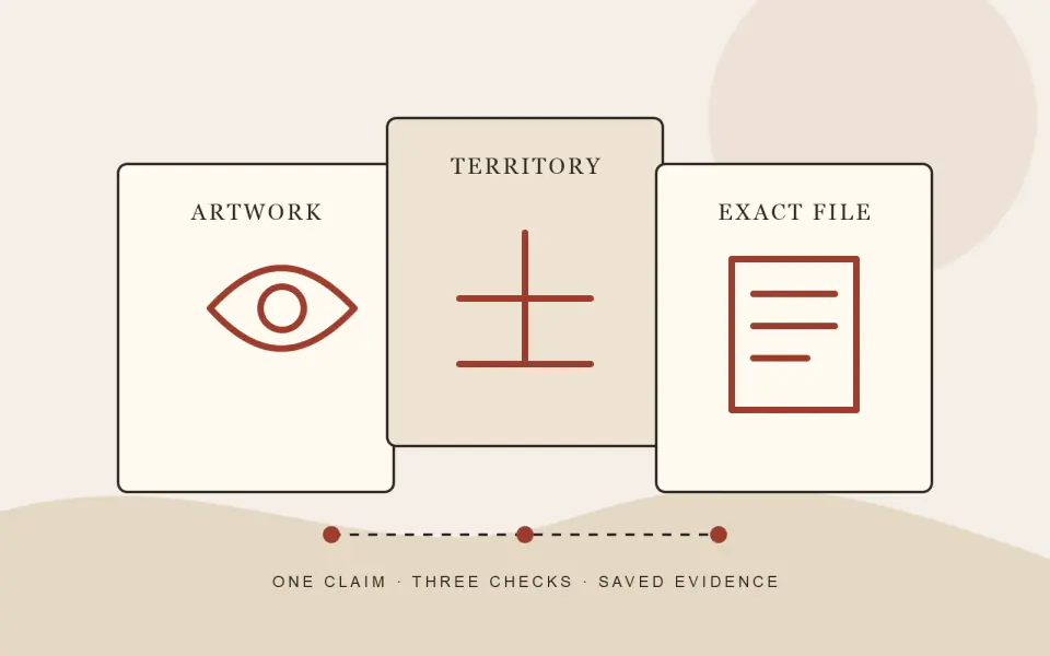 Editorial diagram separating the artwork, the country where it will be used, and the exact digital file