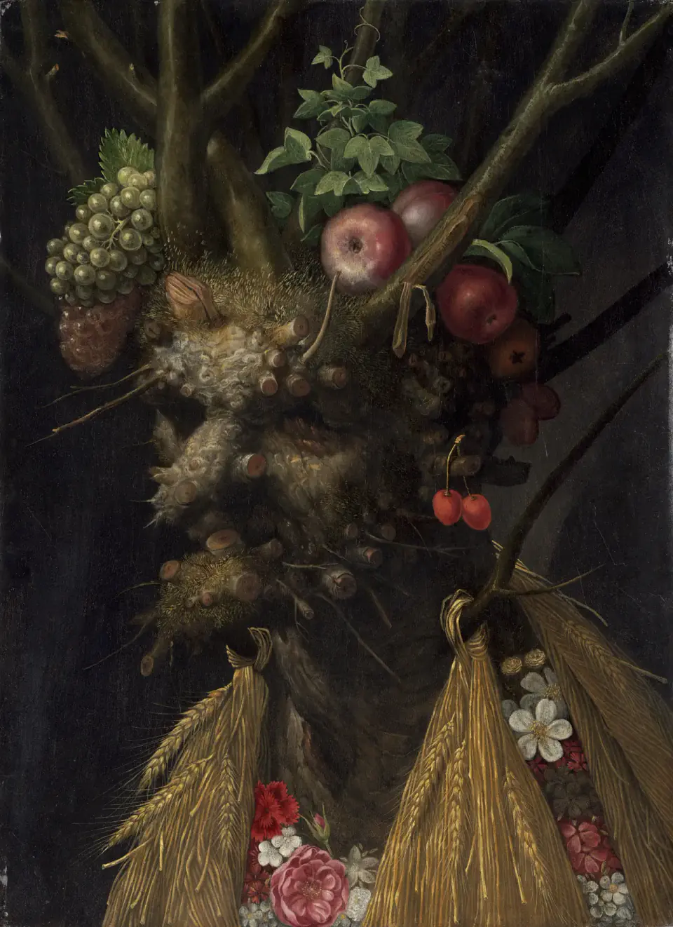 A gnarled tree trunk forms a face surrounded by fruit, ivy, flowers and wheat against a dark background.